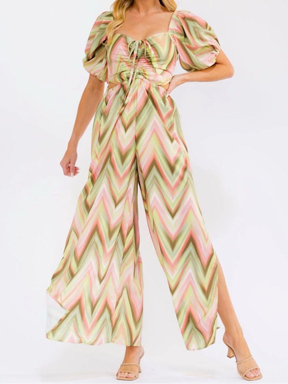 WOMEN'S SHORT PUFF
SLEEVE OPEN BACK WIDE
LEG JUMPSUIT - Picture 4 of 6